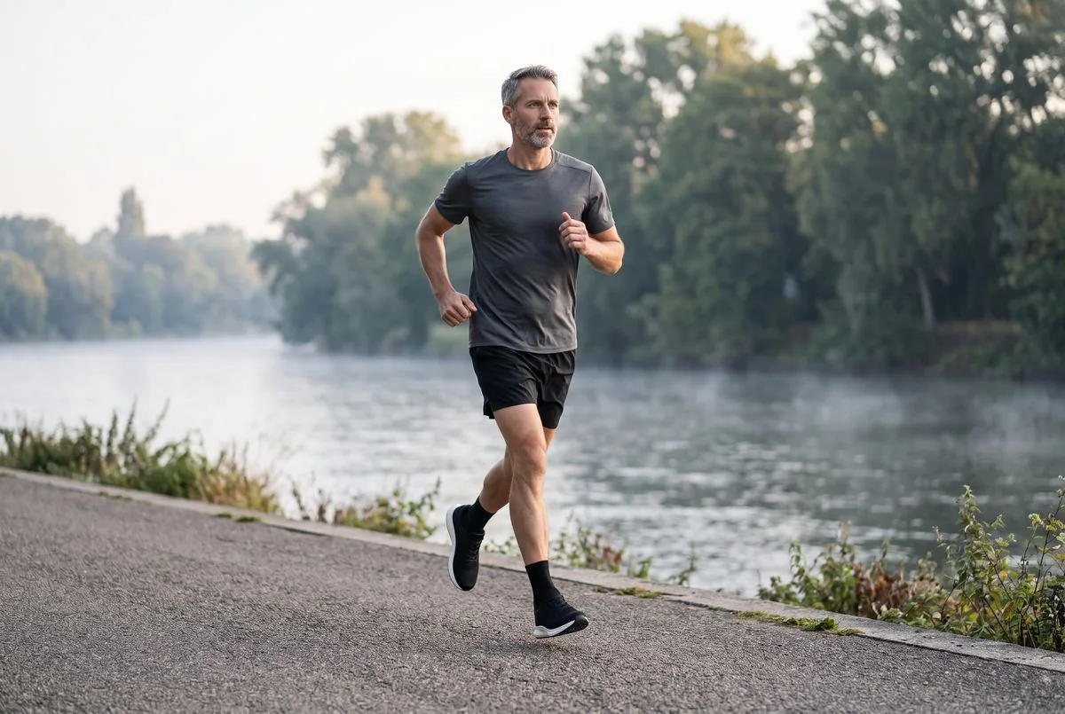 Běžec v černých botách Kinetra Aero Run 3 na asfaltové cestě podél řeky za ranního světla