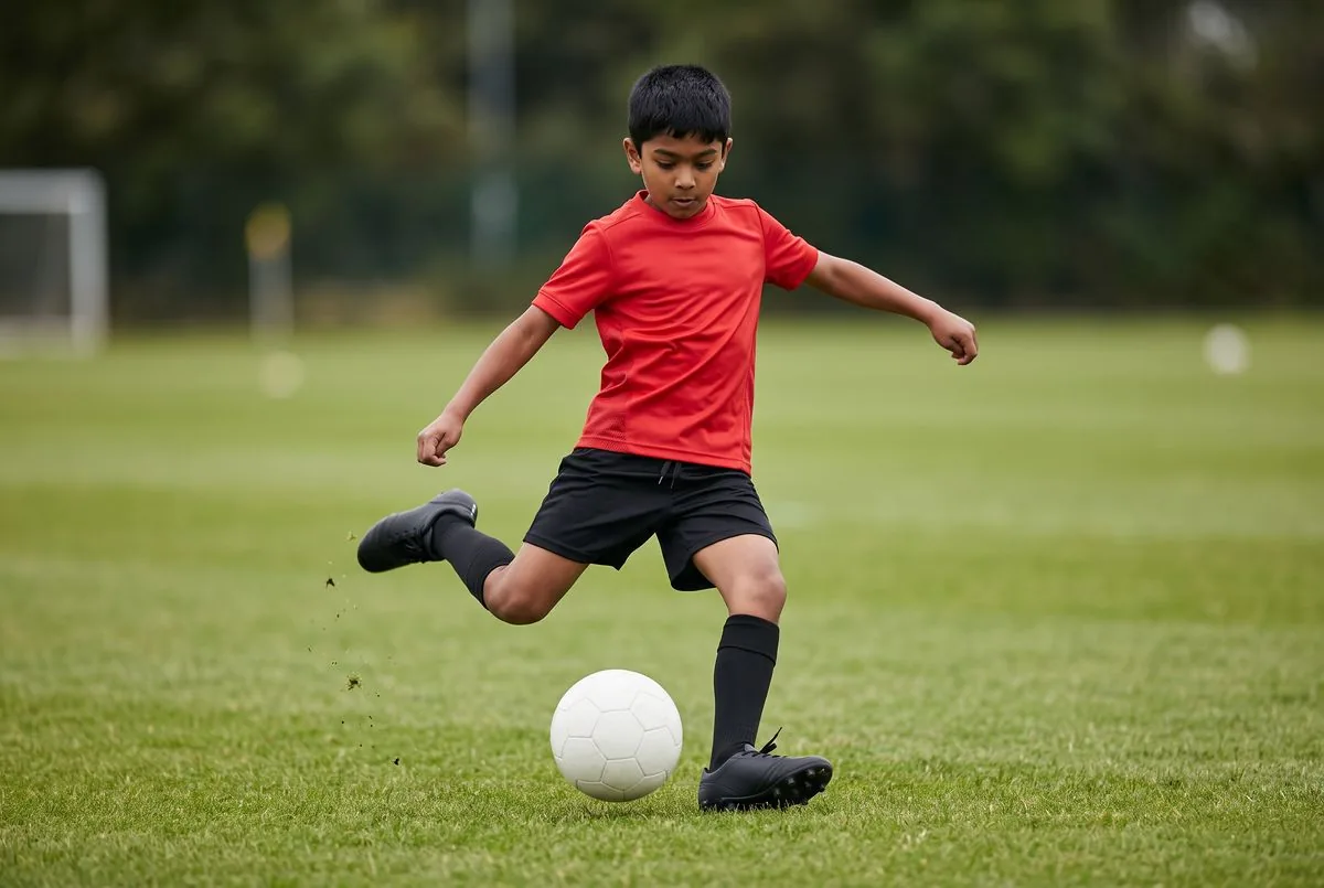 Chlapec v červeném fotbalovém setu Kinetra Junior kope do míče na trávníku