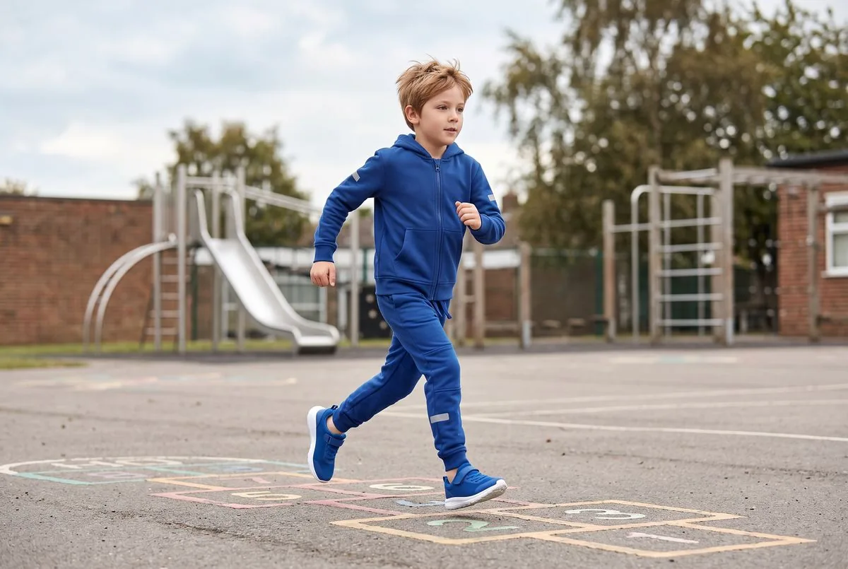 Chlapec v modré soupravě a modrých botách Kinetra Junior Run běhá po školním hřišti