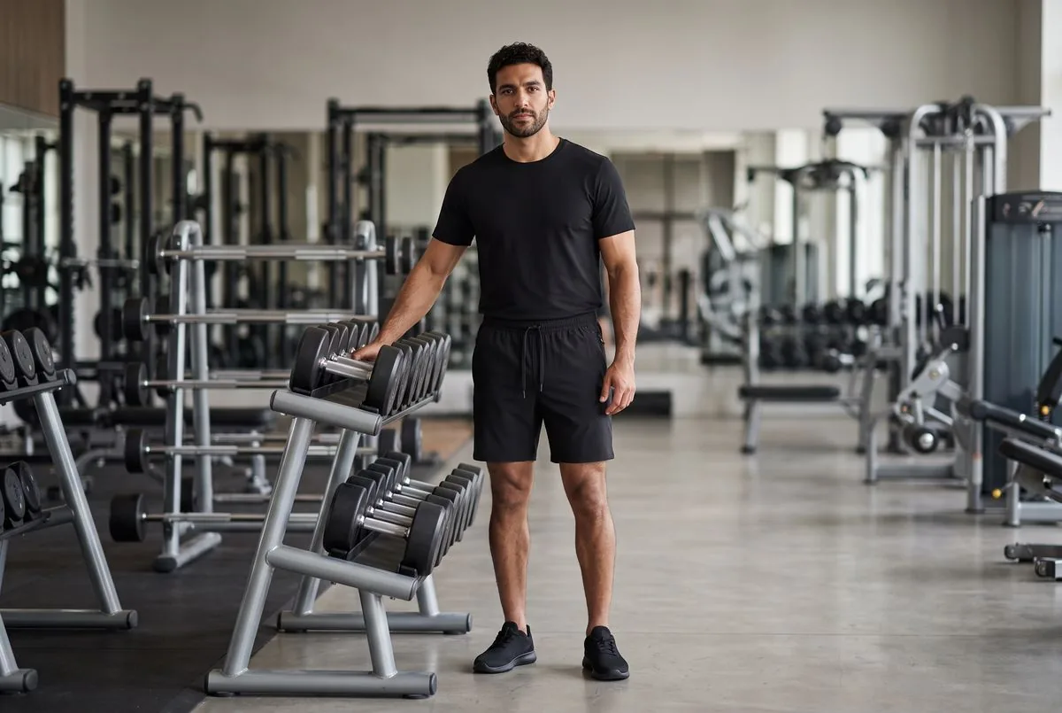 Muž v černých kraťasech Kinetra Gym u stojanu s jednoručkami v moderní posilovně