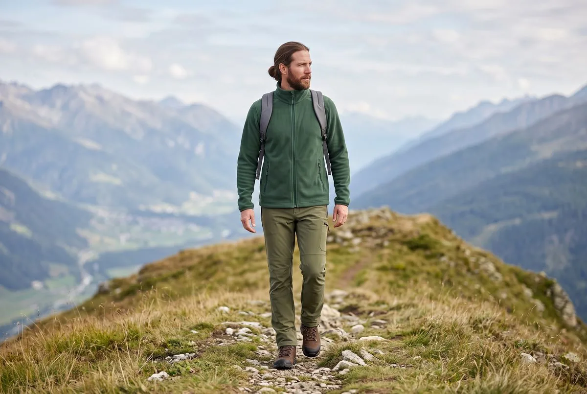 Muž v zelené fleecové mikině Horvik Fleece a olivových kalhotách Horvik Trek na travnatém horském hřebeni
